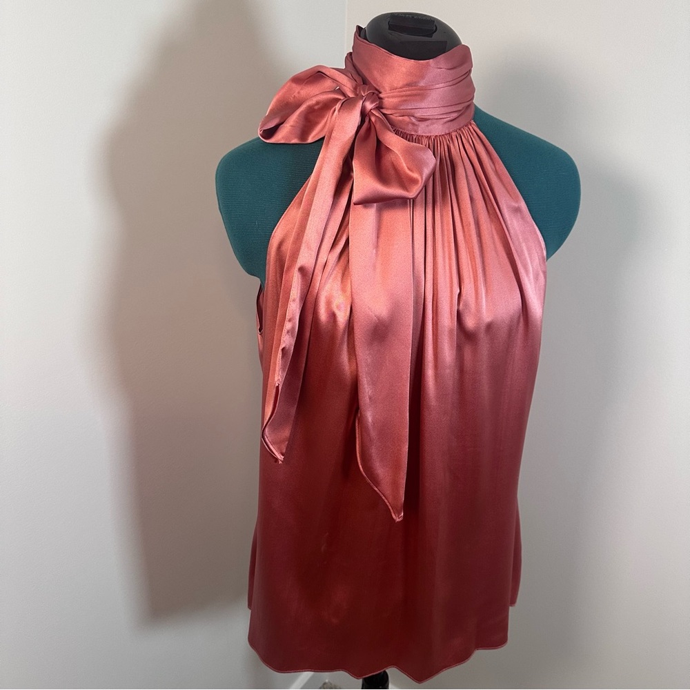 Ramy Brook Lori Silk High Neck Bow Halter Blouse in Deep Blush - Size Large - Picture 6 of 14